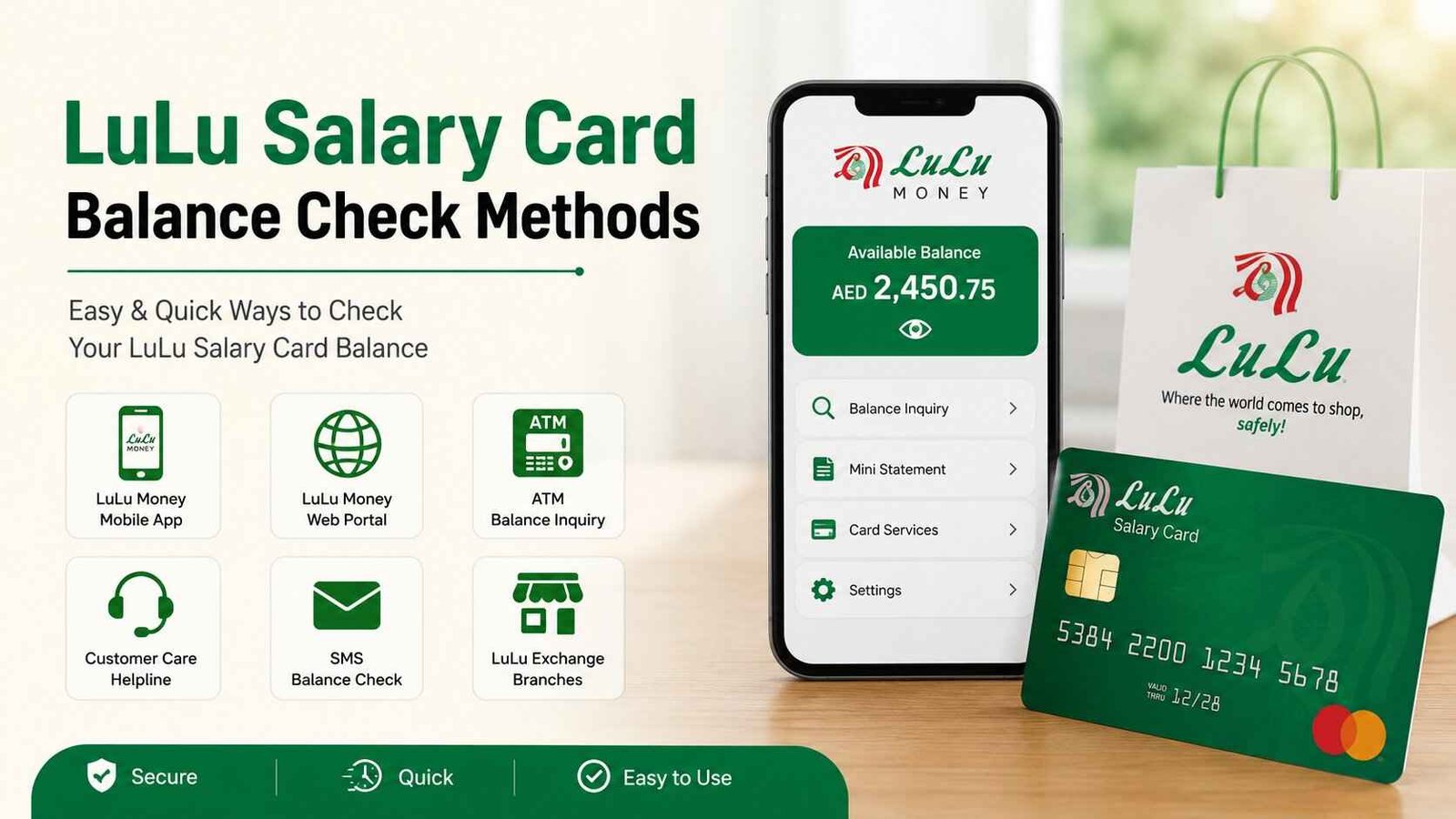 draw a feature image for lulu salary card balance check methods same instructions for image