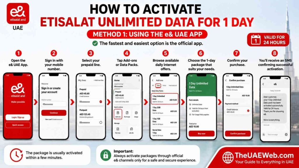 How to Activate Etisalat Unlimited Data for 1 Day Using the e& UAE App