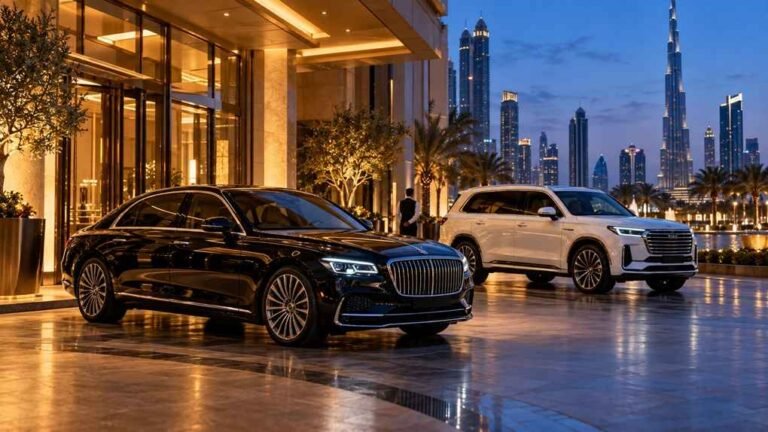 Luxury sedan and premium SUV outside a Dubai hotel at blue hour